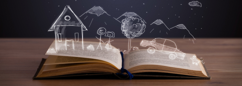 FLIP 2024: Imagem de um livro aberto, com desenhos de nuvens, montanhas e uma casa flutuando, representando a imaginação.